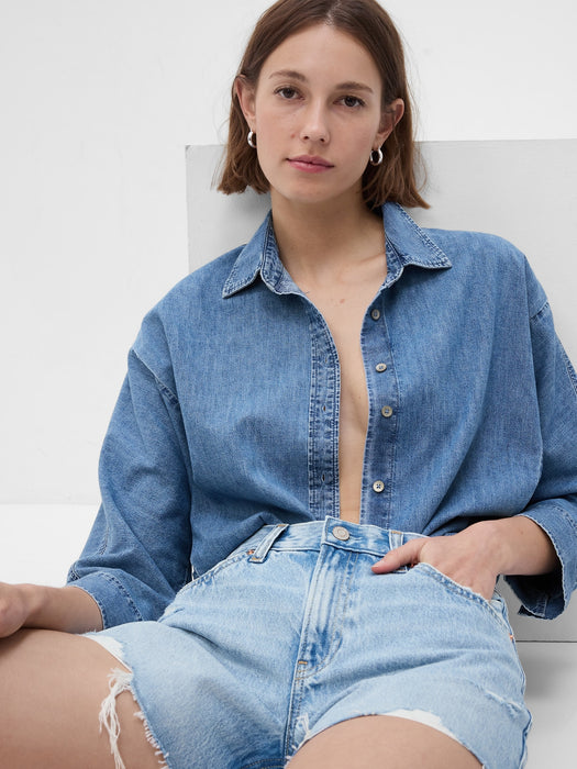 100% Organic Cotton Denim 3/4 Sleeve Big Shirt with Washwell