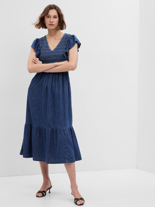 100% Organic Cotton Denim Ruffle Sleeve Smocked Midi Dress with Washwell