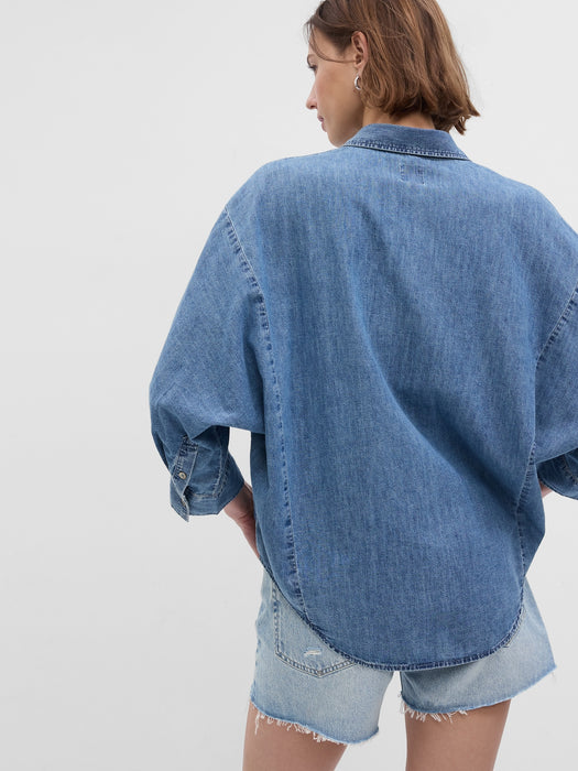 100% Organic Cotton Denim 3/4 Sleeve Big Shirt with Washwell