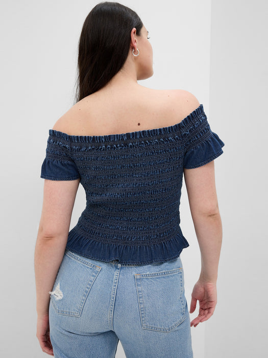 Cropped Ruffle Sleeve Denim Smocked Peplum Top with Washwell