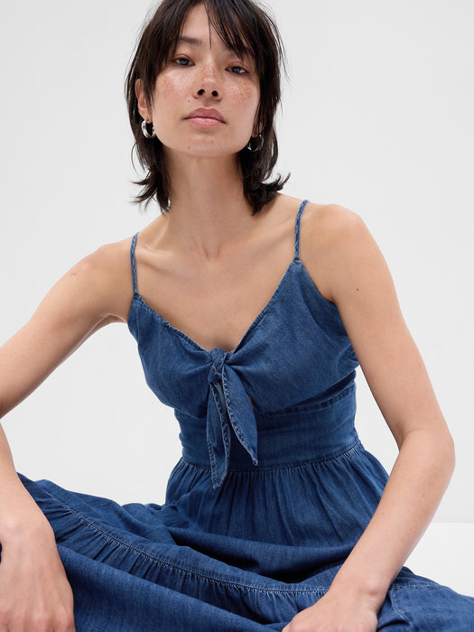 Tie-Front Tiered Denim Maxi Dress with Washwell