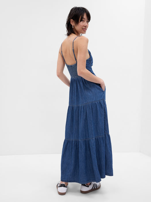 Tie-Front Tiered Denim Maxi Dress with Washwell