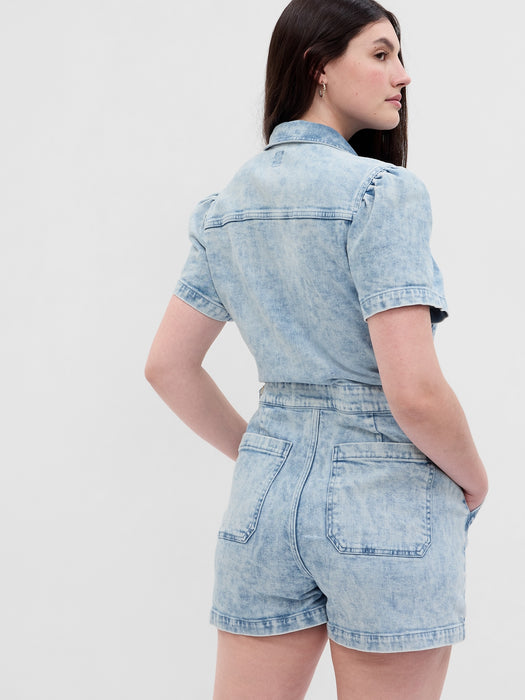 Puff Sleeve Denim Romper with Washwell