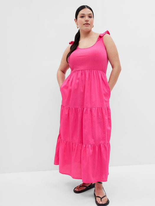 Flutter Sleeve Mixed Fabric Maxi Dress