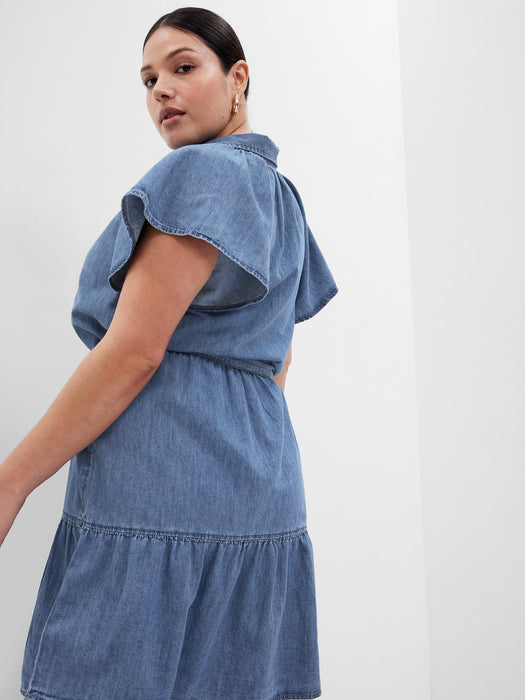 100% Organic Cotton Denim Flutter Sleeve Mini Shirtdress