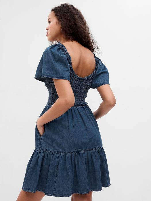 Flutter Sleeve Smocked Denim Mini Dress