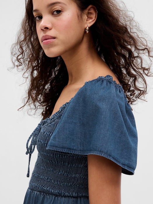 Flutter Sleeve Smocked Denim Mini Dress