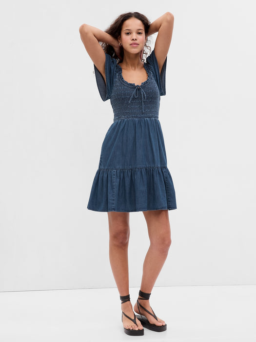 Flutter Sleeve Smocked Denim Mini Dress