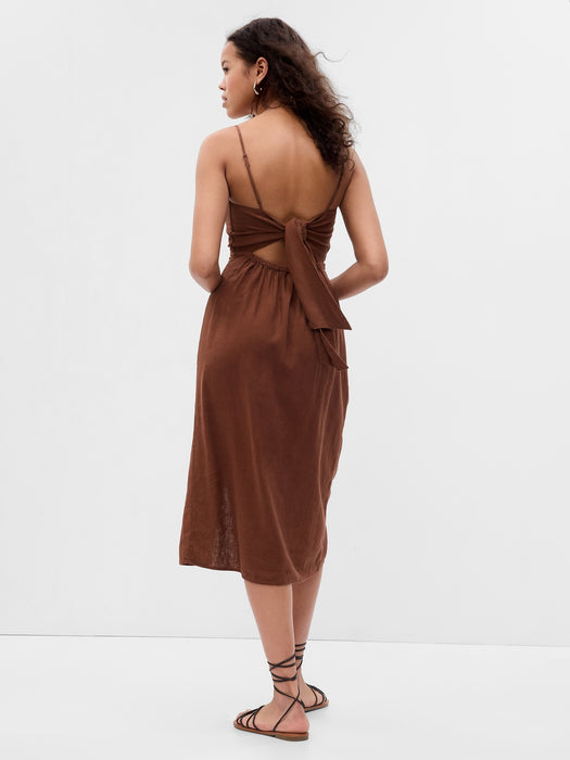 Linen-Blend Tie-Back Corset Midi Dress