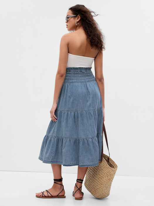 Smocked Tiered Denim Midi Skirt with Washwell