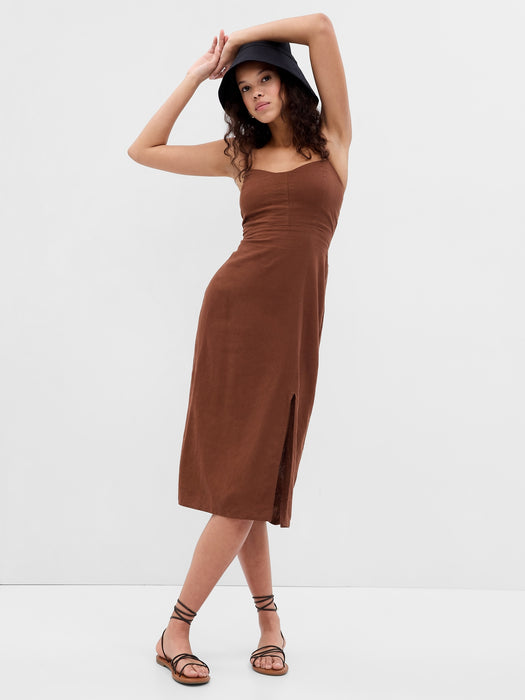 Linen-Blend Tie-Back Corset Midi Dress