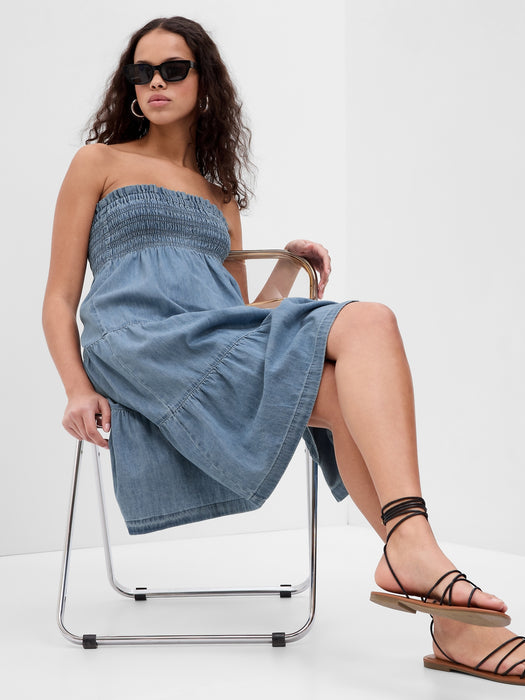 Smocked Tiered Denim Midi Skirt with Washwell