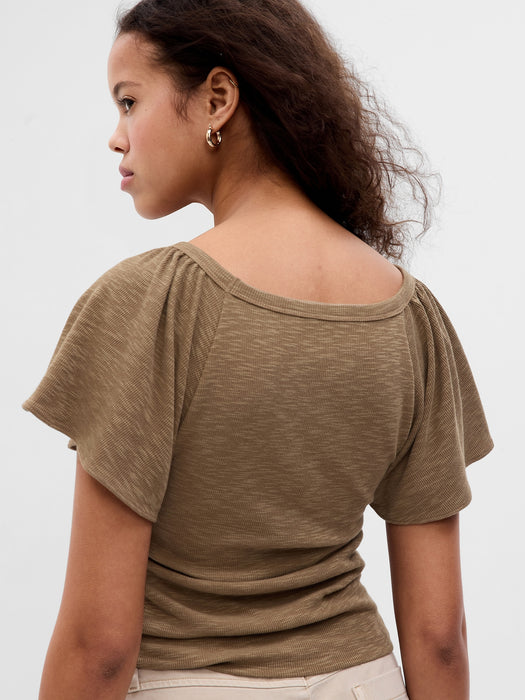 Essential Rib Flutter Sleeve Button-Front Top