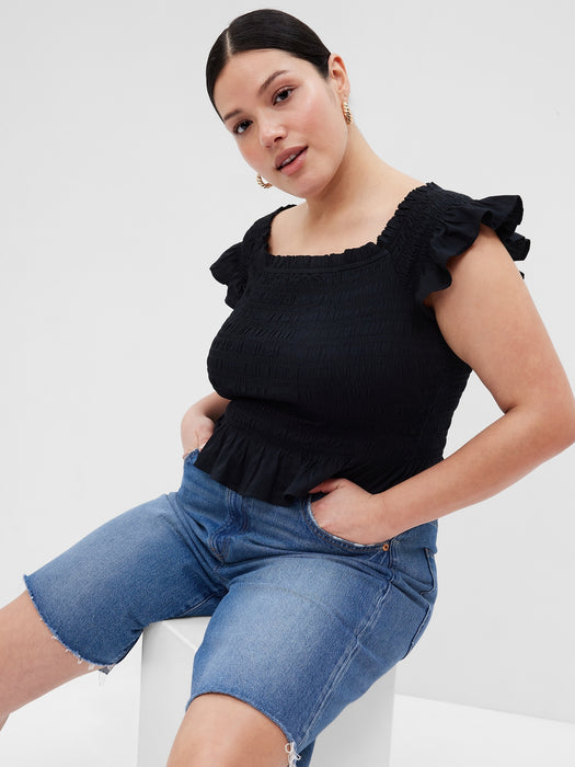 Cropped Ruffle Sleeve Smocked Peplum Top