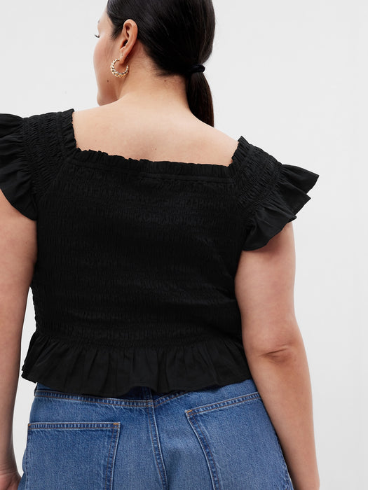 Cropped Ruffle Sleeve Smocked Peplum Top