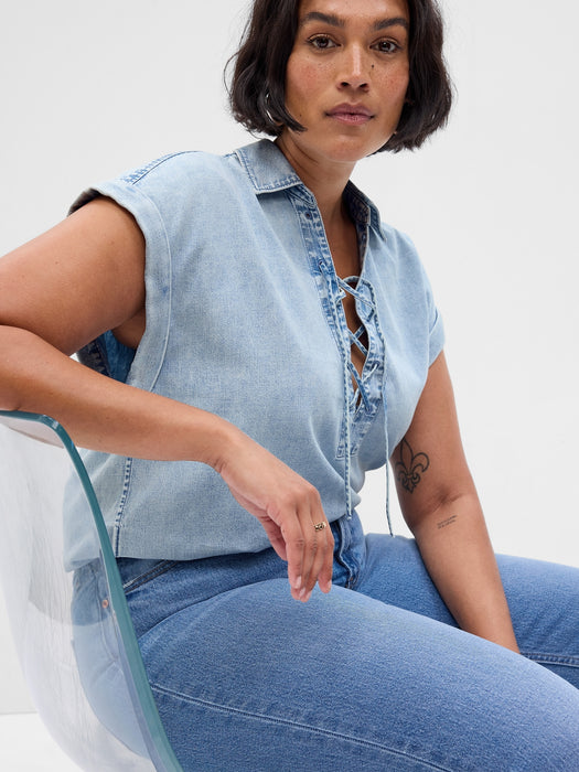 Lace-Up Denim Dolman Shirt with Washwell