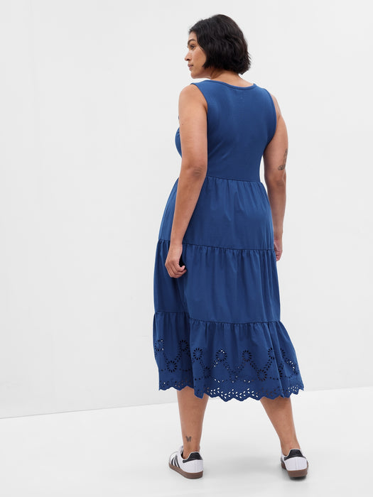 Eyelet Mixed Fabric Midi Dress