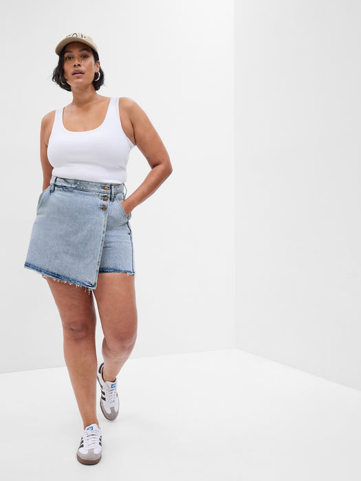 Asymmetrical Denim Mini Skort with Washwell