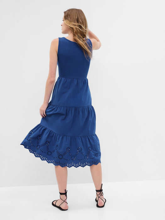 Eyelet Mixed Fabric Midi Dress