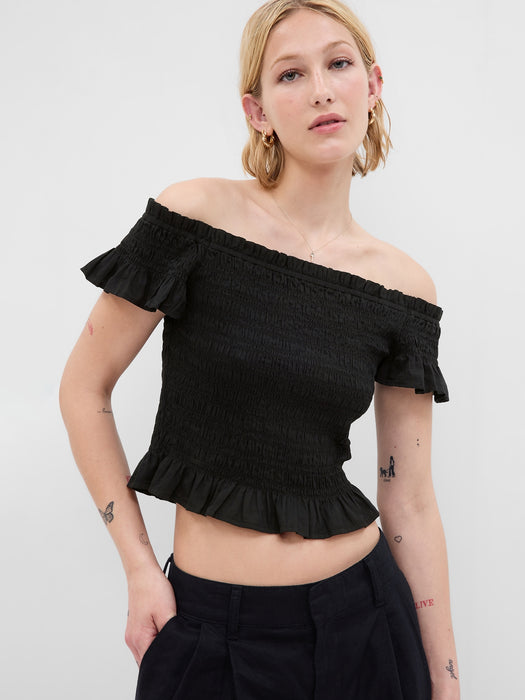 Cropped Ruffle Sleeve Smocked Peplum Top