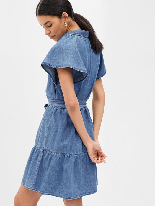 100% Organic Cotton Denim Flutter Sleeve Mini Shirtdress