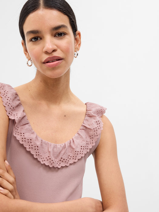 Eyelet Ruffle Neck Rib Tank Top