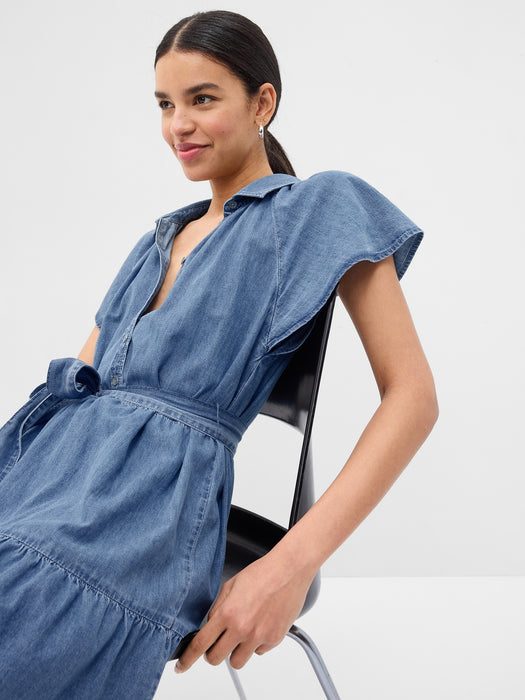 100% Organic Cotton Denim Flutter Sleeve Mini Shirtdress