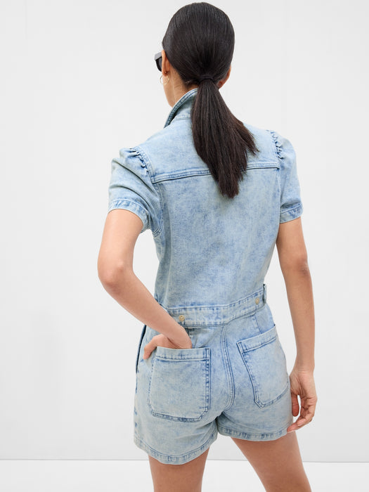 Puff Sleeve Denim Romper with Washwell