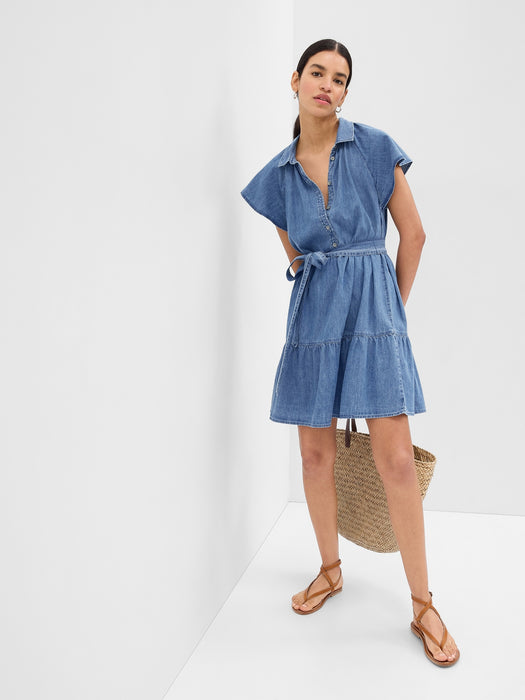 100% Organic Cotton Denim Flutter Sleeve Mini Shirtdress