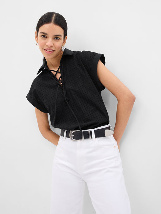 Lace-Up Eyelet Dolman Shirt