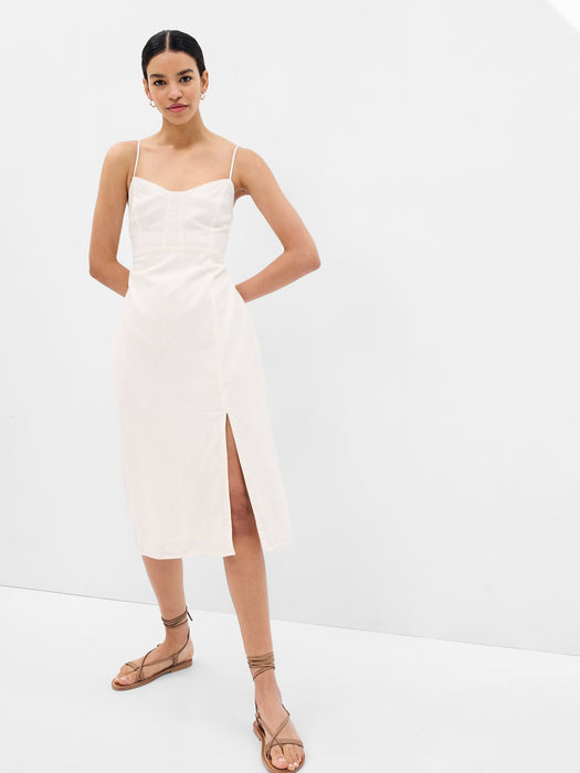 Linen-Blend Tie-Back Corset Midi Dress