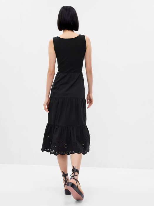 Eyelet Mixed Fabric Midi Dress