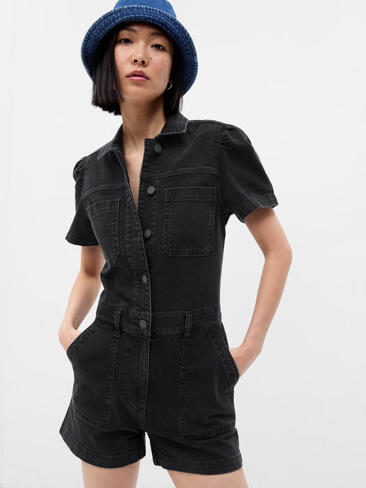 Puff Sleeve Denim Romper with Washwell