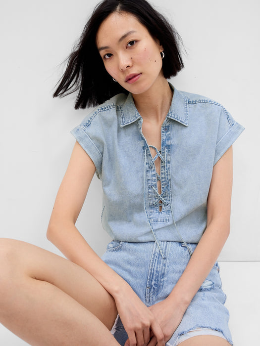 Lace-Up Denim Dolman Shirt with Washwell