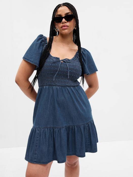 Flutter Sleeve Smocked Denim Mini Dress