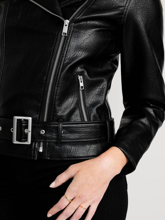 Faux-Leather Belted Biker Jacket