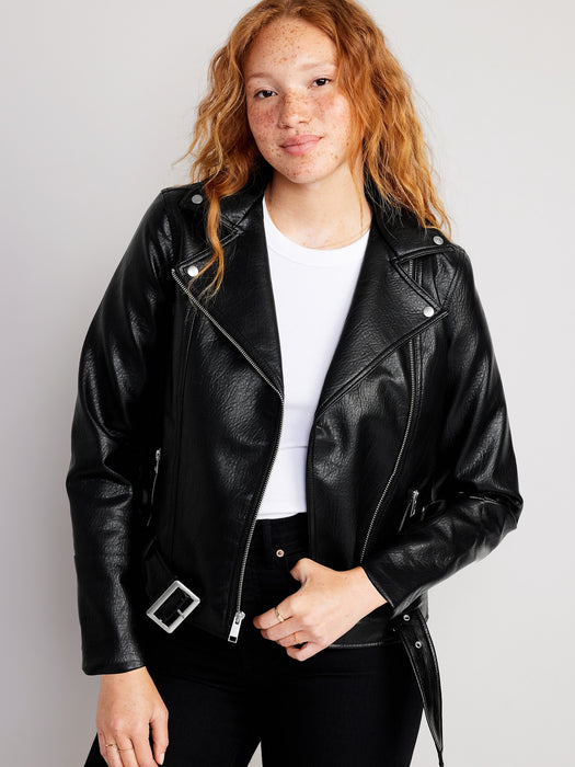 Faux-Leather Belted Biker Jacket