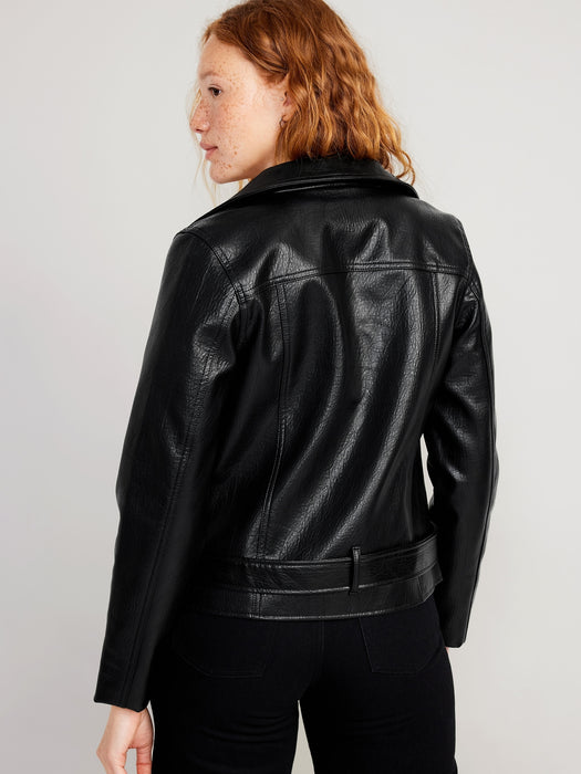 Faux-Leather Belted Biker Jacket