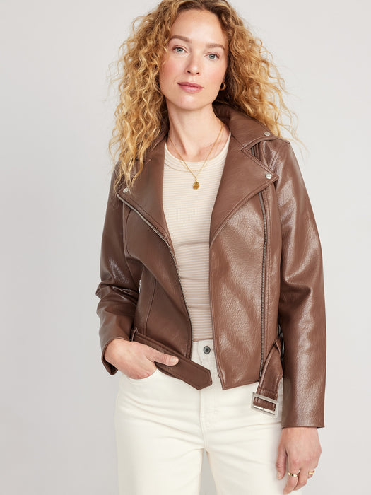 Faux-Leather Belted Biker Jacket