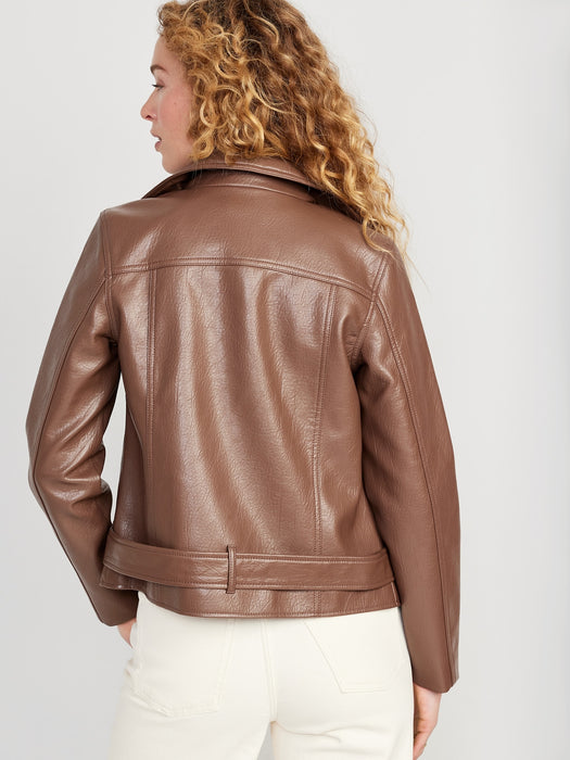 Faux-Leather Belted Biker Jacket