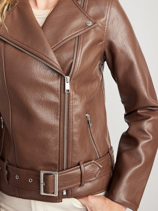 Faux-Leather Belted Biker Jacket