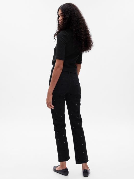 High Rise Rhinestone Cheeky Straight Jeans