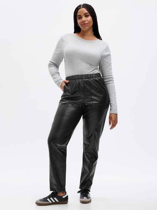 High Rise Vegan Leather Straight Pull-On Pants