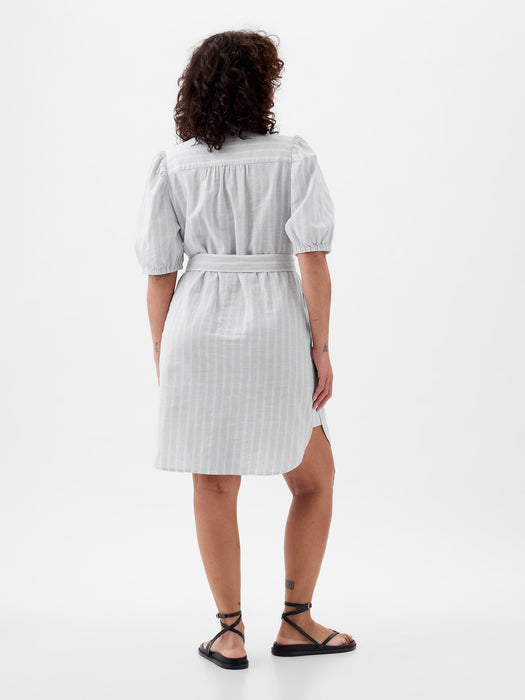 Linen-Cotton Puff Sleeve Mini Shirtdress