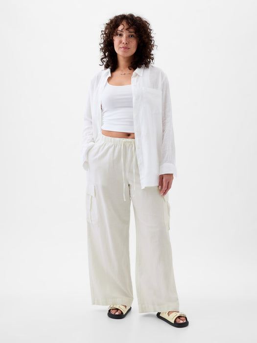 Mid Rise Linen-Cotton Pull-On Cargo Pants