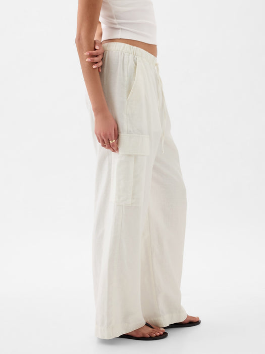 Mid Rise Linen-Cotton Pull-On Cargo Pants