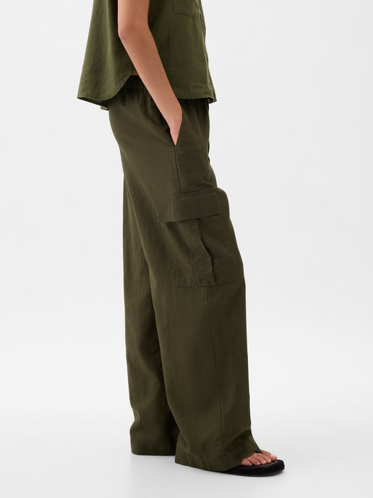 Mid Rise Linen-Cotton Pull-On Cargo Pants