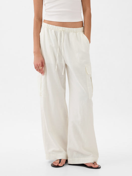 Mid Rise Linen-Cotton Pull-On Cargo Pants