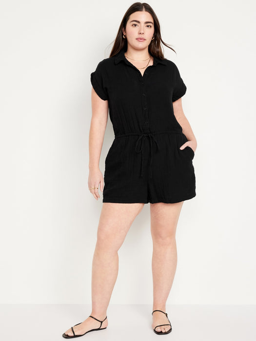 Waist-Defined Crinkle Gauze Romper -- 3-inch inseam
