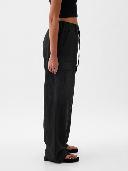 Mid Rise Linen-Cotton Pull-On Cargo Pants